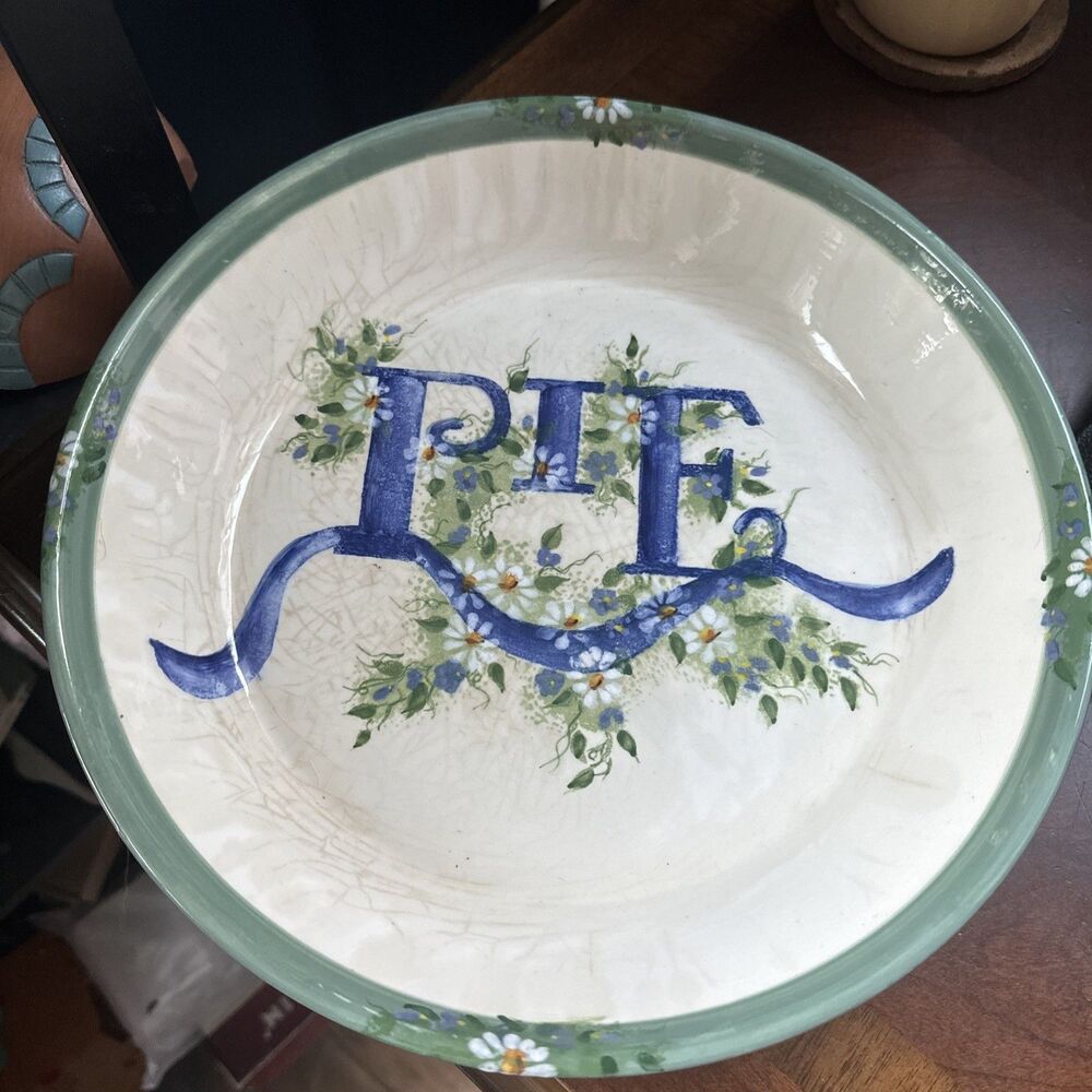 VTG 2001 Kathy Hatch 11" Pie Plate Blue Green Floral Cottage Country Charming